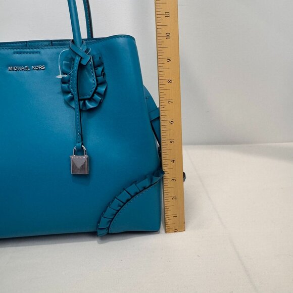 Michael Kors Teal Leather Handbag With Ruffled Accents & Adjustable Strap - Picture 11 of 14